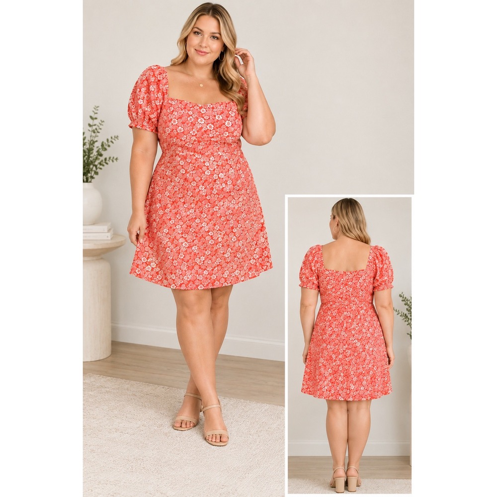 Anthropologie Forever That Girl Orange Floral Print Twill Puff Sleeve Dress 2X